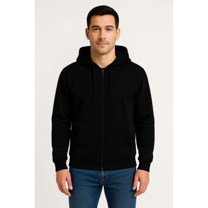 Üç İplik Kapüşonlu Tam Fermuarlı Kanguru Çepli SweatShirt Hoodie - Siyah -