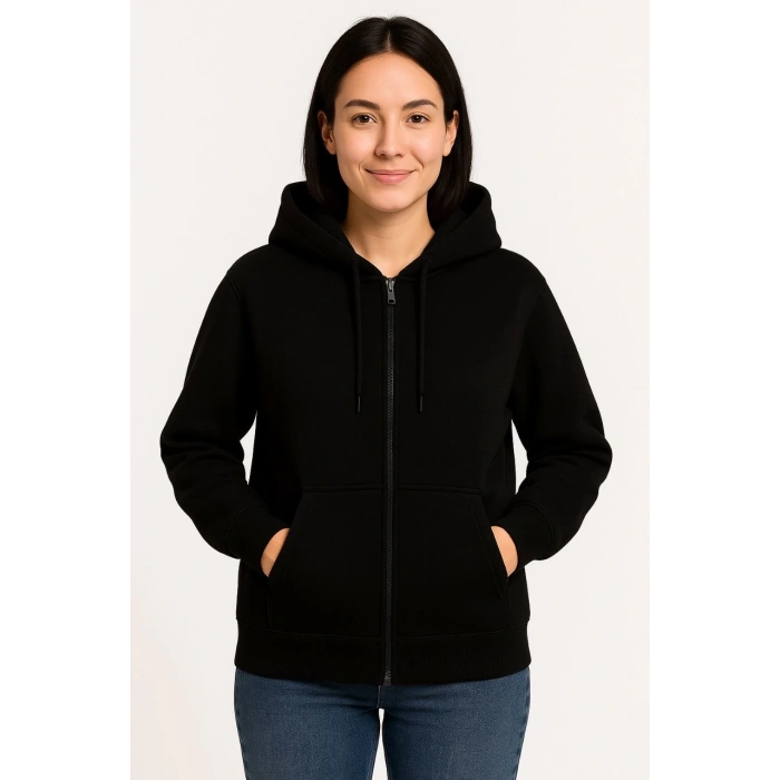 Üç İplik Kapüşonlu Tam Fermuarlı Kanguru Çepli SweatShirt Hoodie - Siyah -
