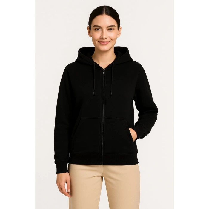 Üç İplik Kapüşonlu Tam Fermuarlı Kanguru Çepli SweatShirt Hoodie - Siyah -