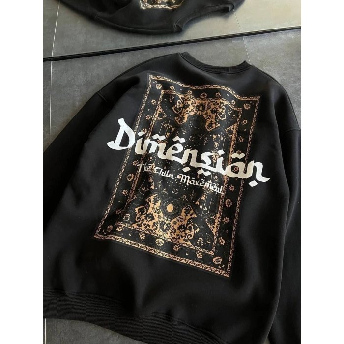 Üç İplik Penye Bisiklet Yaka Baskılı SweatShirt - Siyah