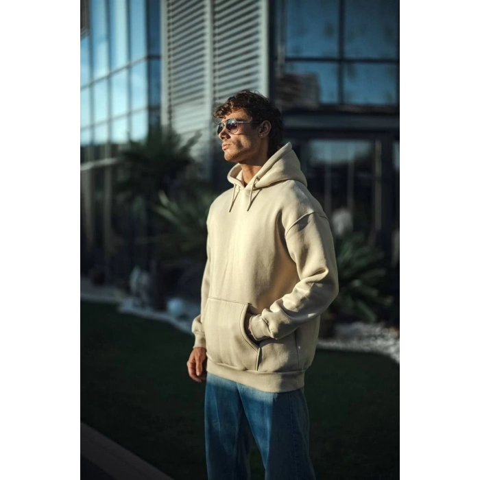 Üç İplik Penye Kapşonlu Basic SweatShirt - Bej -