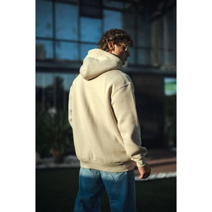 Üç İplik Penye Kapşonlu Basic SweatShirt - Bej -