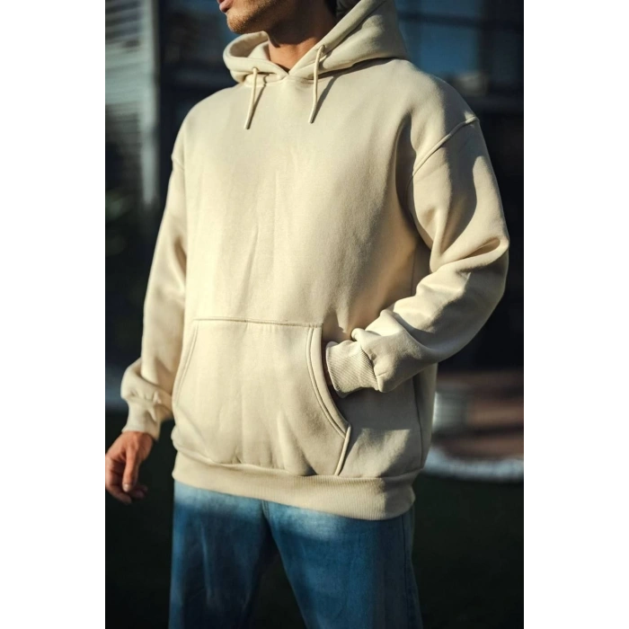 Üç İplik Penye Kapşonlu Basic SweatShirt - Bej -