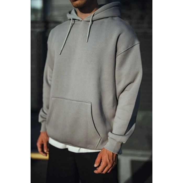 Üç İplik Penye Kapşonlu Basic SweatShirt - Boyalı Gri -