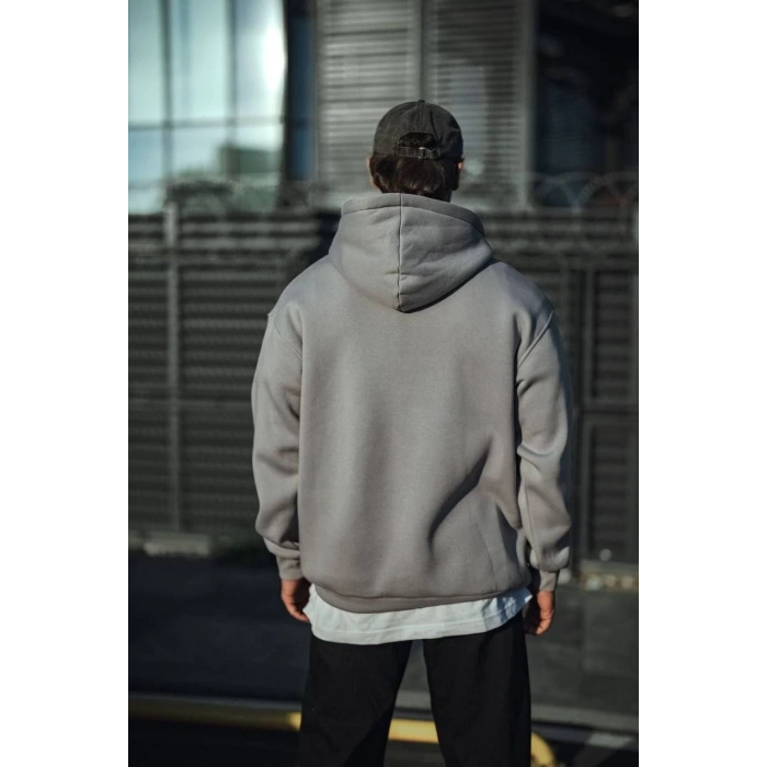 Üç İplik Penye Kapşonlu Basic SweatShirt - Boyalı Gri -