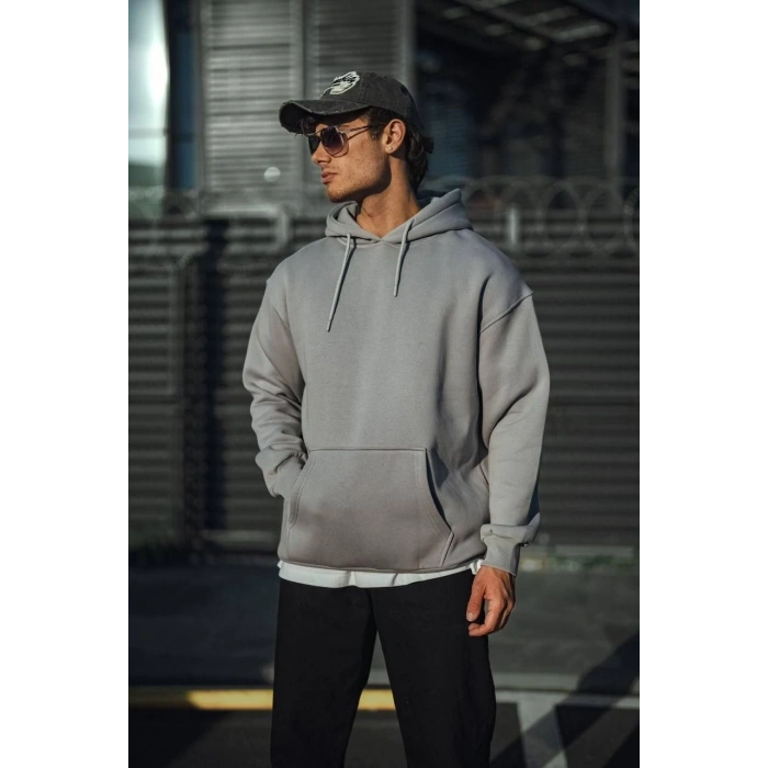 Üç İplik Penye Kapşonlu Basic SweatShirt - Boyalı Gri -
