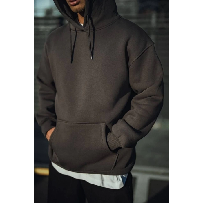 Üç İplik Penye Kapşonlu Basic SweatShirt - Füme -