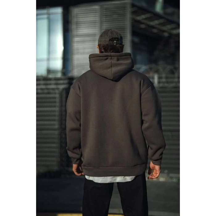 Üç İplik Penye Kapşonlu Basic SweatShirt - Füme -
