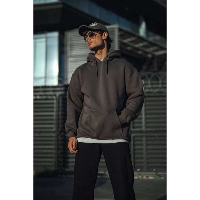 Üç İplik Penye Kapşonlu Basic SweatShirt - Füme -
