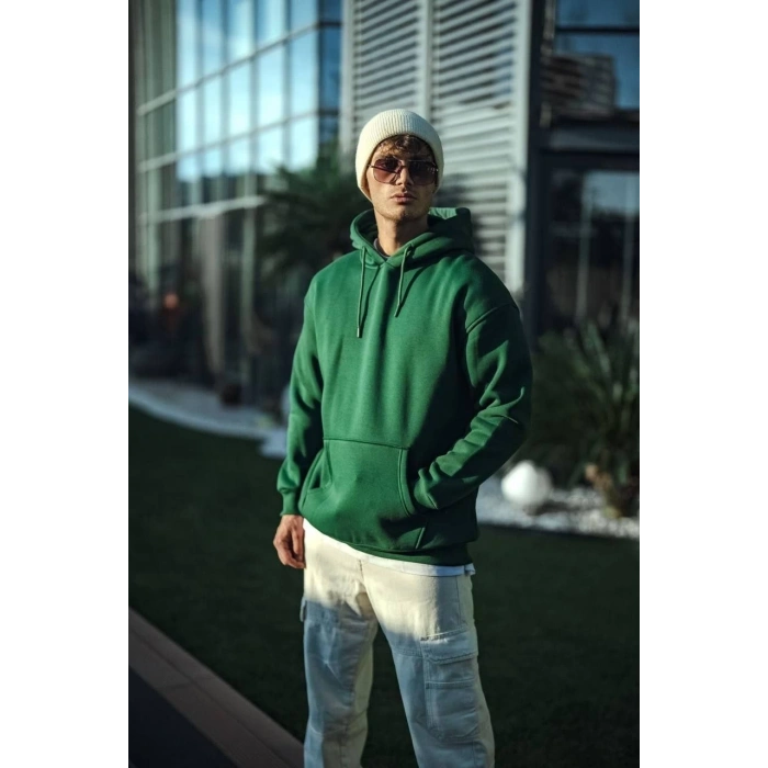 Üç İplik Penye Kapşonlu Basic SweatShirt - Haki -