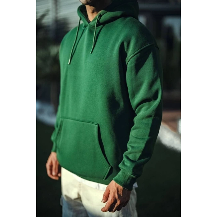 Üç İplik Penye Kapşonlu Basic SweatShirt - Haki -