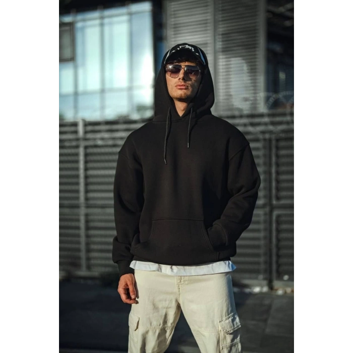 Üç İplik Penye Kapşonlu Basic SweatShirt - Siyah -