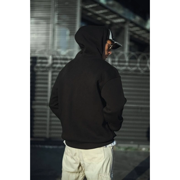 Üç İplik Penye Kapşonlu Basic SweatShirt - Siyah -