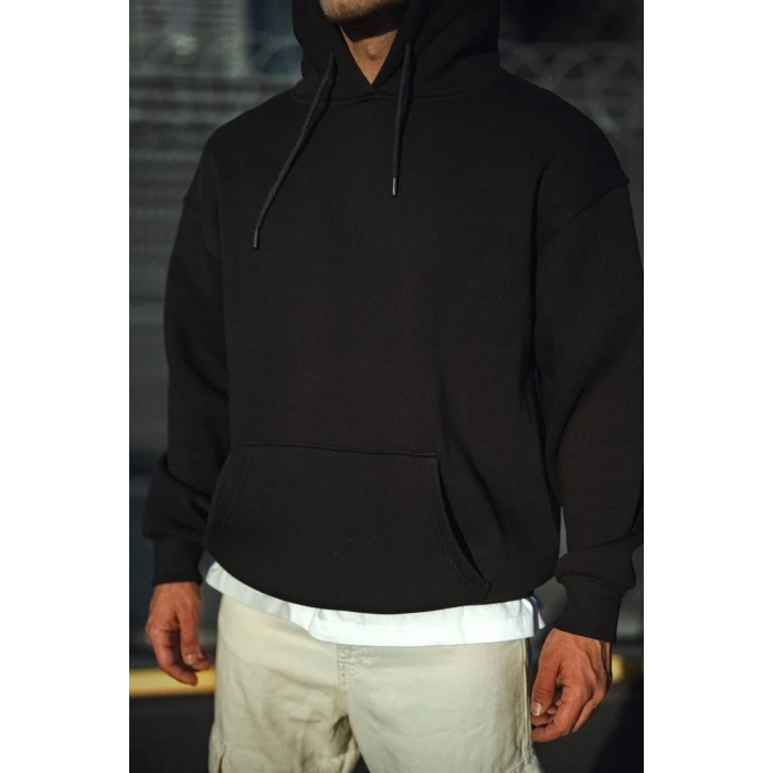 Üç İplik Penye Kapşonlu Basic SweatShirt - Siyah -