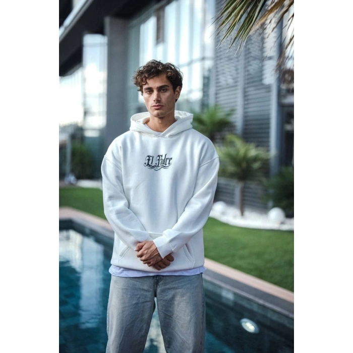 Üç İplik Penye Kapşonlu Baskılı SweatShirt - Beyaz -