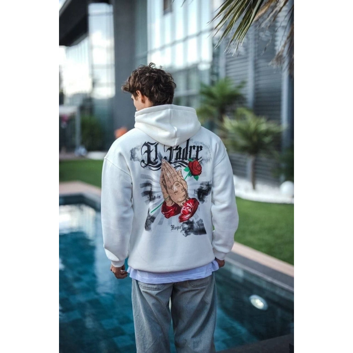 Üç İplik Penye Kapşonlu Baskılı SweatShirt - Beyaz -