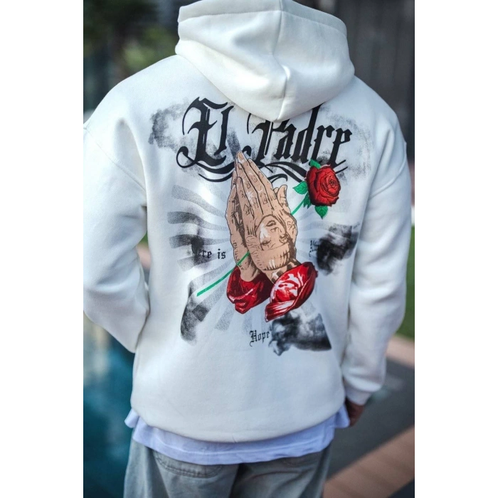 Üç İplik Penye Kapşonlu Baskılı SweatShirt - Beyaz -