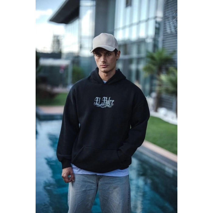 Üç İplik Penye Kapşonlu Baskılı SweatShirt - Siyah -