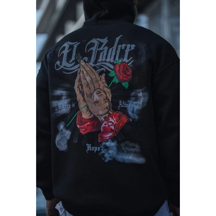 Üç İplik Penye Kapşonlu Baskılı SweatShirt - Siyah -
