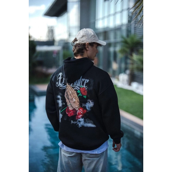 Üç İplik Penye Kapşonlu Baskılı SweatShirt - Siyah -