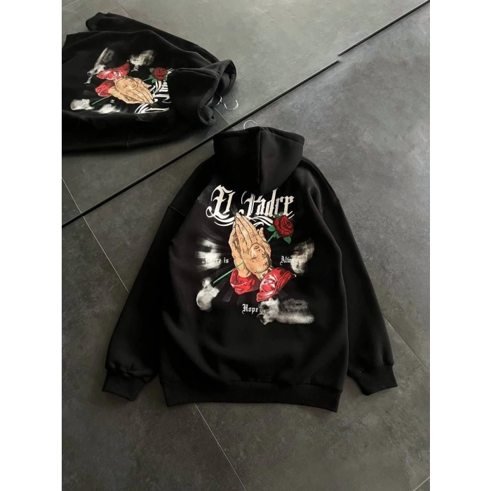Üç İplik Penye Uzun Kol Kapşonlu Baskılı SweatShirt - Siyah -