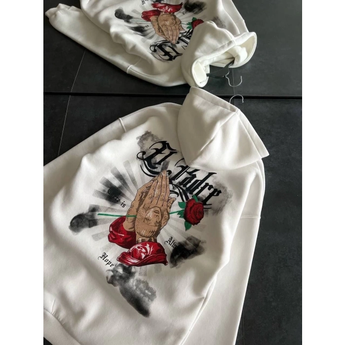 Üç İplik Penye Uzun Kol Kapüşonlu Baskılı SweatShirt - Beyaz -