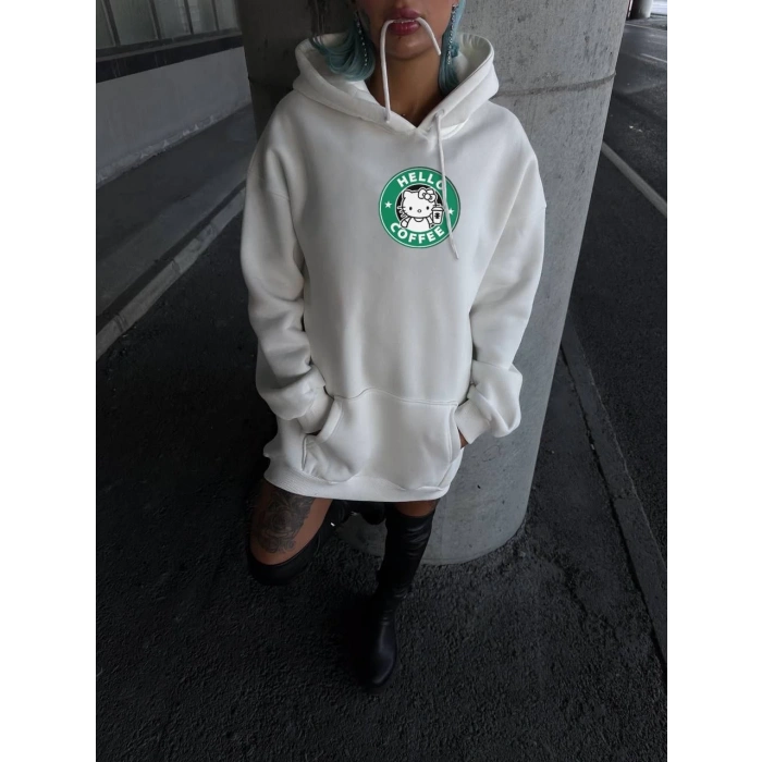 Üç İplik Penye Uzun Kol Kapüşonlu SweatShirt - Beyaz -