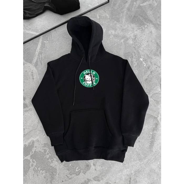 Üç İplik Penye Uzun Kol Kapüşonlu SweatShirt - Siyah -