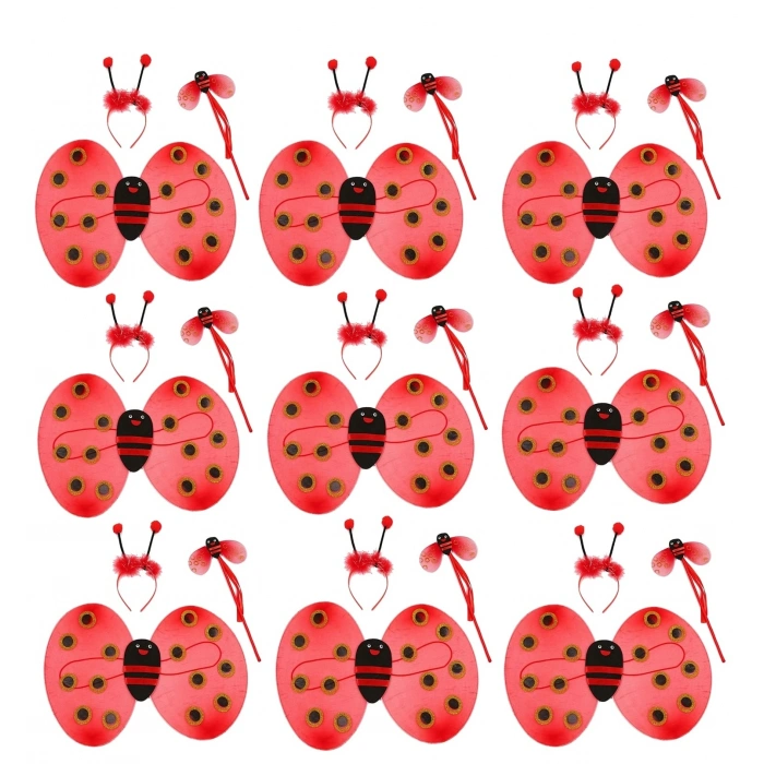 Uğur Böceği Kostüm Seti - Kanat Taç Asa 3 Parça 12 Adet