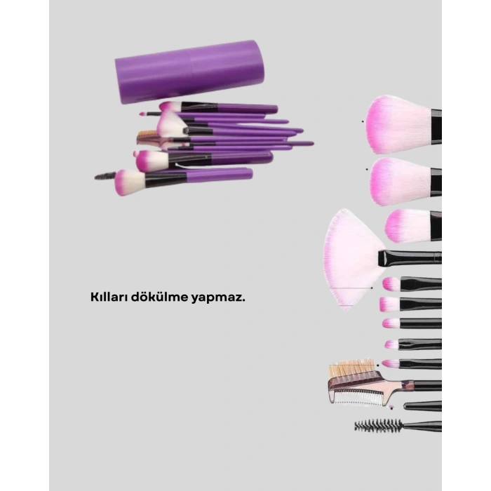 Ultra Yumuşak 12’li Makyaj Fırça Seti – Dökülme Yapmaz, Dalin Şampuan İle Temizlenebilir