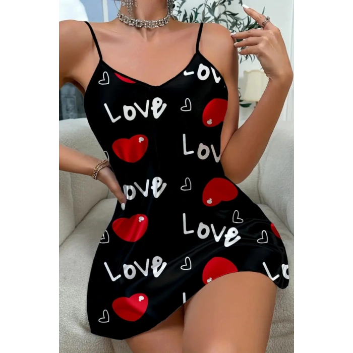  Love Desenli Siyah Saten Gecelik