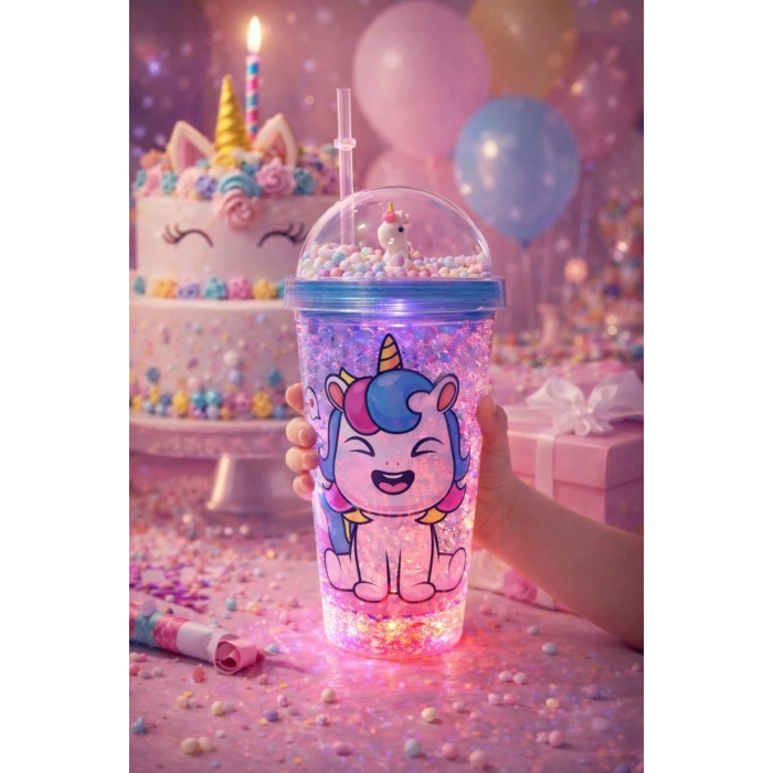 Unicorn Temalı Led Işıklı Suluk Buzlu Cam Görünümlü 450 ML Çift Katman Mika Su Şişesi 2646 Mavi