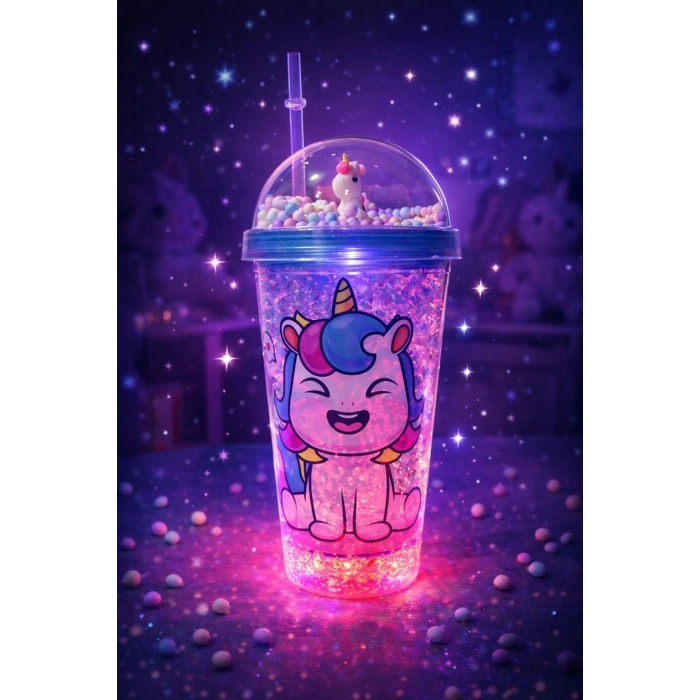 Unicorn Temalı Led Işıklı Suluk Buzlu Cam Görünümlü 450 ML Çift Katman Mika Su Şişesi 2646 Mavi