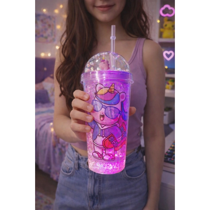 Unicorn Temalı Led Işıklı Suluk Buzlu Cam Görünümlü 450 ML Çift Katman Mika Su Şişesi 2646 Mor