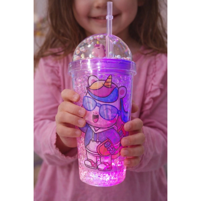 Unicorn Temalı Led Işıklı Suluk Buzlu Cam Görünümlü 450 ML Çift Katman Mika Su Şişesi 2646 Mor