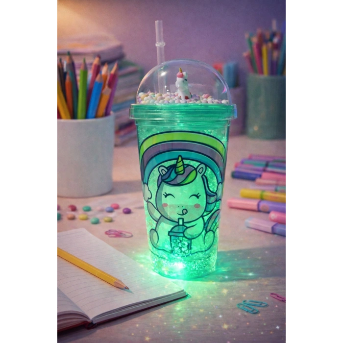 Unicorn Temalı Led Işıklı Suluk Buzlu Cam Görünümlü 450 ML Çift Katman Mika Su Şişesi 2646 Yeşil