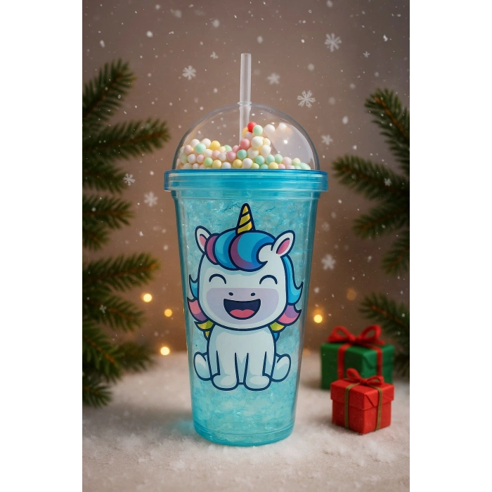 Unicorn Temalı Suluk Pipetli Buzlu Cam Görünümlü 450 ML Çift Katman Mika Su Şişesi 2646 Mavi