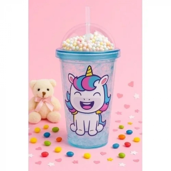 Unicorn Temalı Suluk Pipetli Buzlu Cam Görünümlü 450 ML Çift Katman Mika Su Şişesi 2646 Mavi