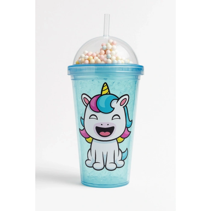Unicorn Temalı Suluk Pipetli Buzlu Cam Görünümlü 450 ML Çift Katman Mika Su Şişesi 2646 Mavi