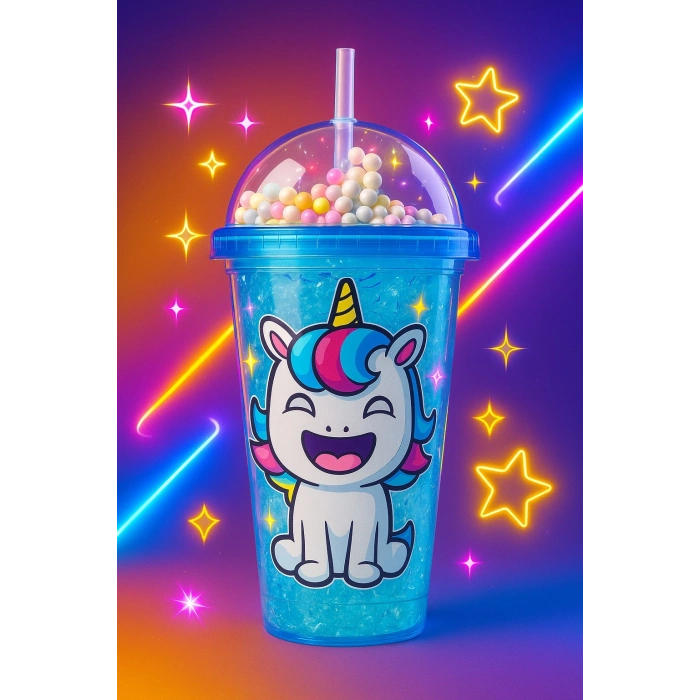 Unicorn Temalı Suluk Pipetli Buzlu Cam Görünümlü 450 ML Çift Katman Mika Su Şişesi 2646 Mavi