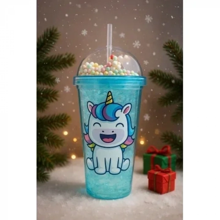 Unicorn Temalı Suluk Pipetli Buzlu Cam Görünümlü 450 ML Çift Katman Mika Su Şişesi 2646 Mavi