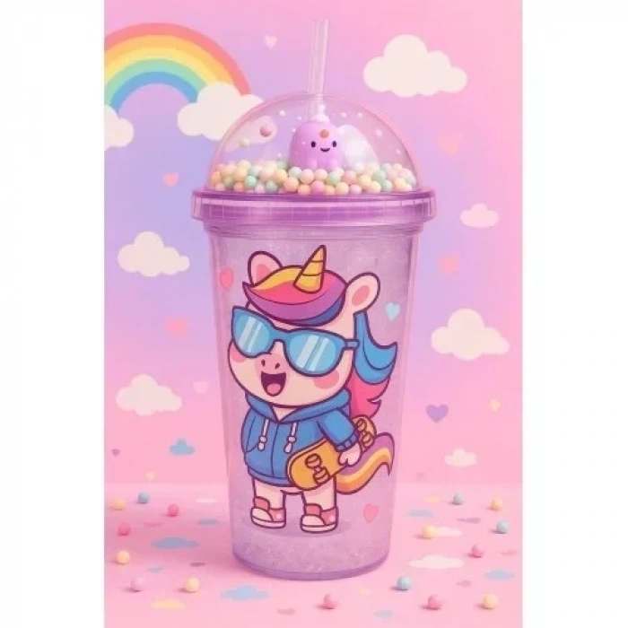 Unicorn Temalı Suluk Pipetli Buzlu Cam Görünümlü 450 ML Çift Katman Mika Su Şişesi 2646 Mor