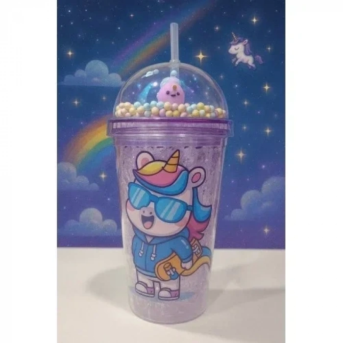 Unicorn Temalı Suluk Pipetli Buzlu Cam Görünümlü 450 ML Çift Katman Mika Su Şişesi 2646 Mor