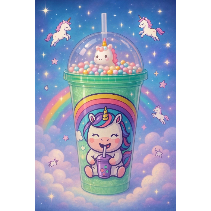 Unicorn Temalı Suluk Pipetli Buzlu Cam Görünümlü 450 ML Çift Katman Mika Su Şişesi 2646 Yeşil