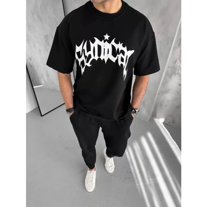 Unisex Bisiklet Yaka Baskılı Oversize TShirt