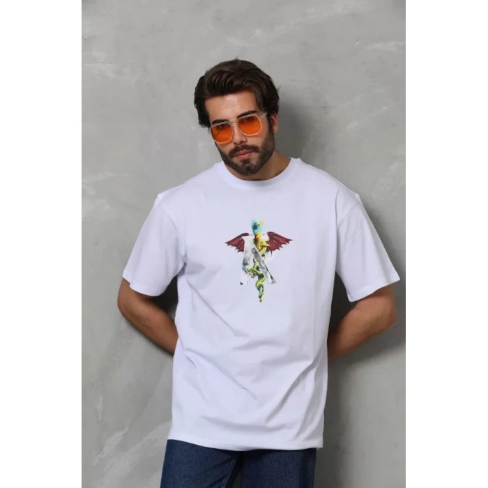 Unisex Bisiklet Yaka Baskılı Oversize TShirt