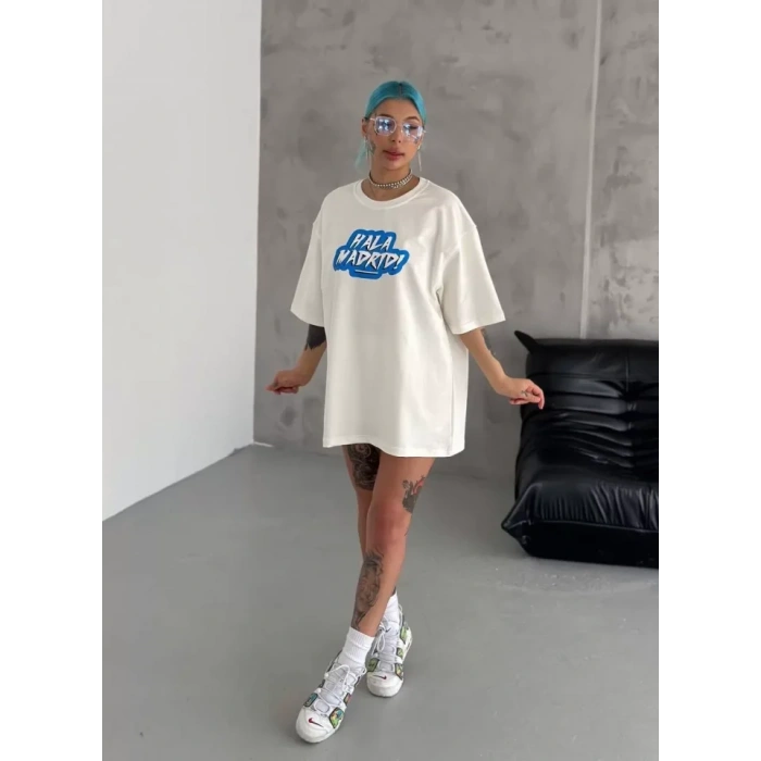 Unisex Bisiklet Yaka Baskılı Oversize TShirt