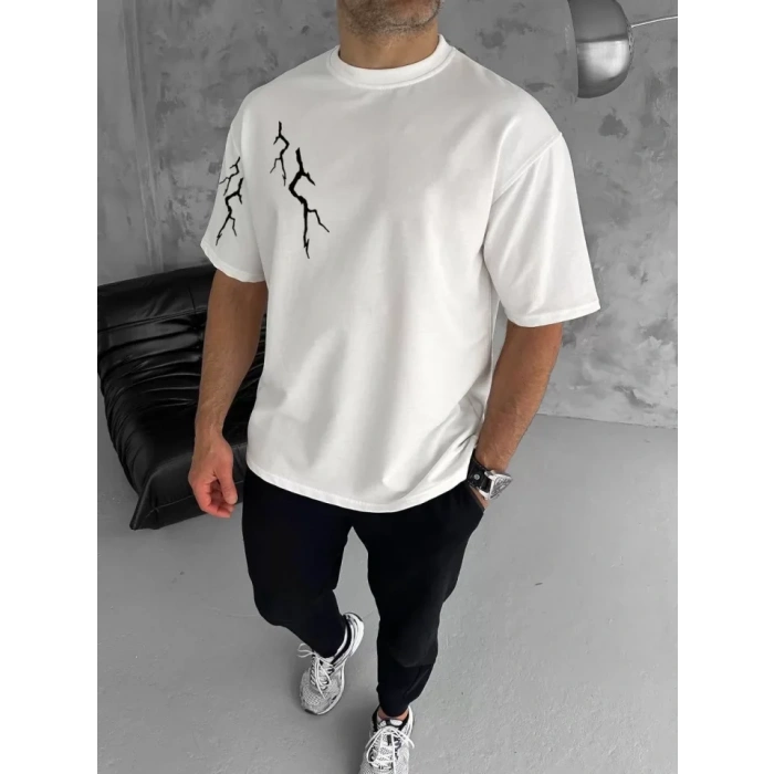 Unisex Bisiklet Yaka Baskılı Oversize TShirt