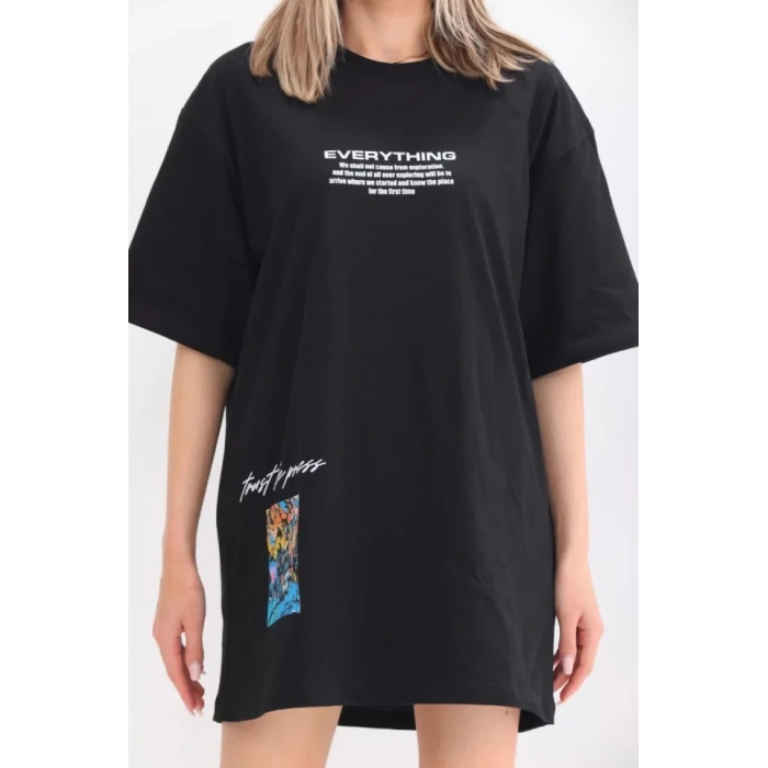 Unisex Bisiklet Yaka Baskılı Oversize TShirt