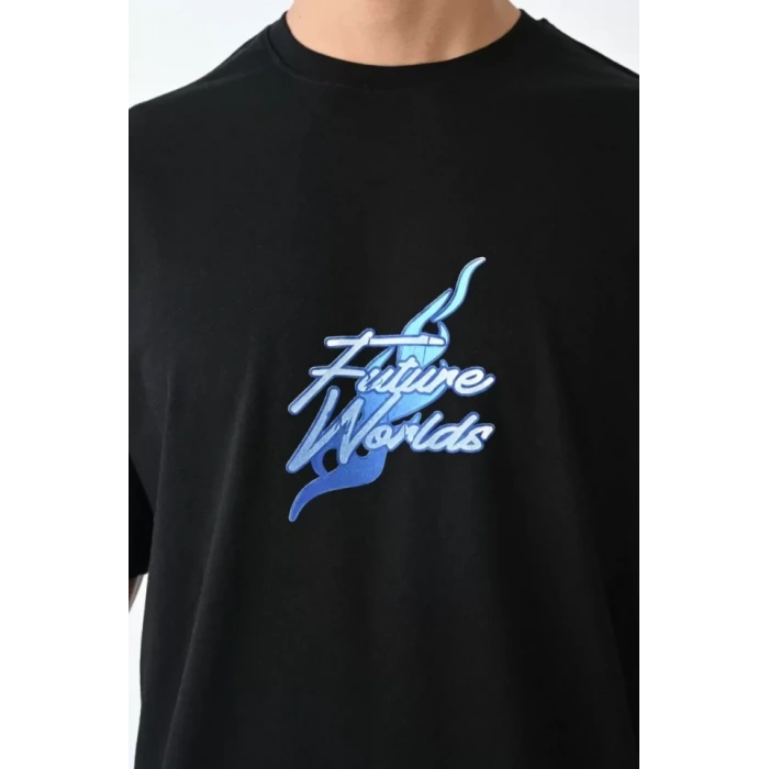 Unisex Bisiklet Yaka Baskılı Oversize TShirt